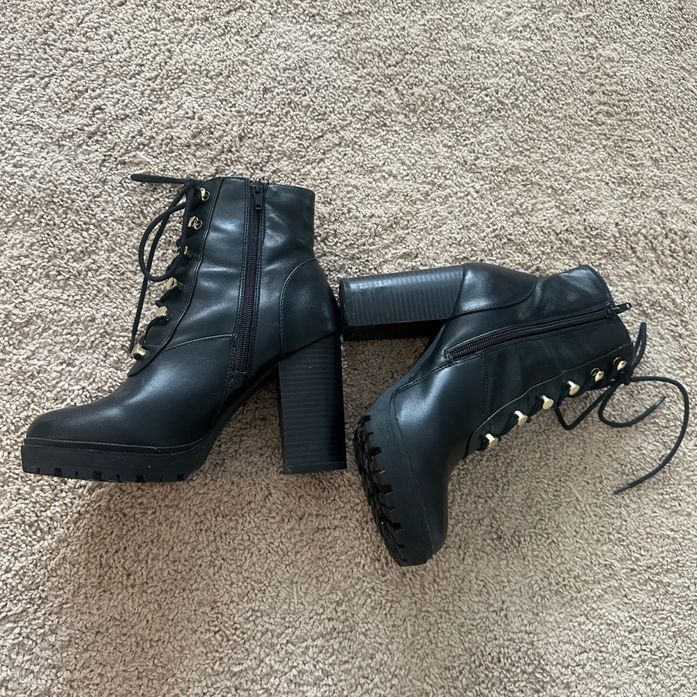 Express Black Lace-Up Boots with Gold Accents